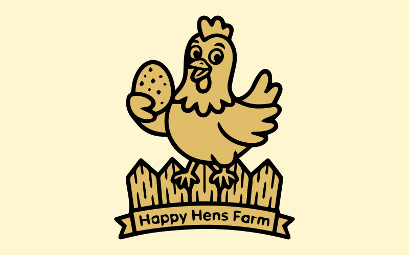 Happy Hens Farm Logo - Cartoon Chicken with Egg on Fence Vector Illustration