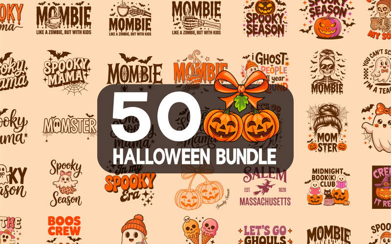 50 Halloween T-Shirt Design Bundle | Spooky SVG, PNG, EPS, DXF Files for Cricut & Sublimation Illustration