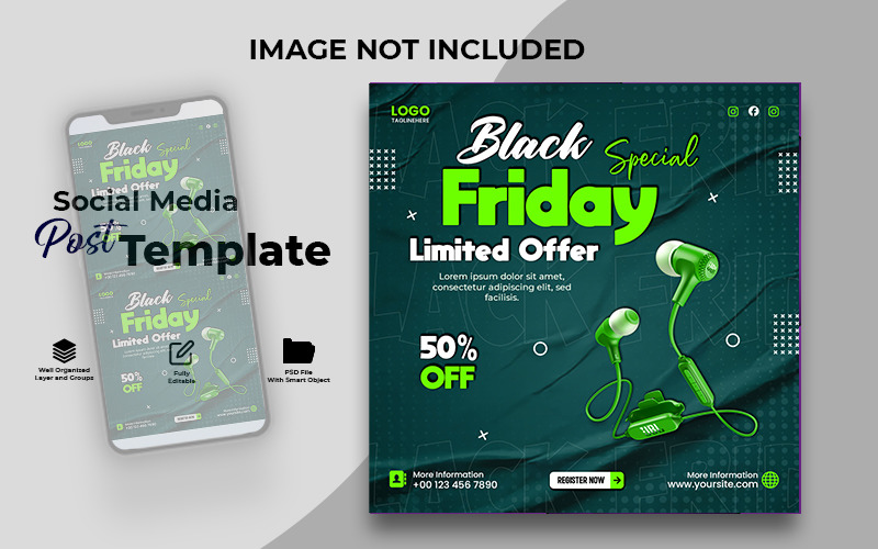 Black Friday Earphones Sale Banner PSD Template Social Media