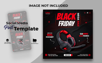 Black Friday Gaming Headphones Sale Banner Template - Social Media Marketing Design