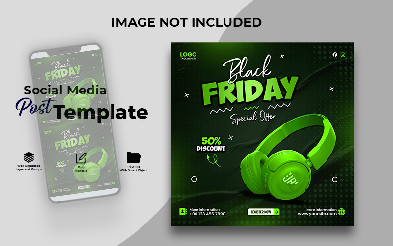 Black Friday Headphones Sale Social Media Post Template | Modern Special Offer Design