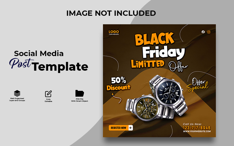 Black Friday Modern Watch Sale Banner PSD Template Social Media