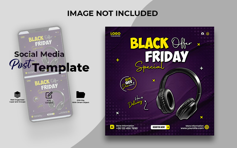 Black Friday Offer Headphones Sale Banner Template | Special Discount Promotion Design Social Media