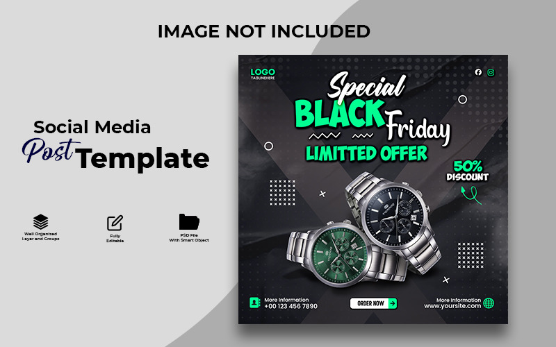 Black Friday Watch Sale Social Media Post Template | Editable PSD Design