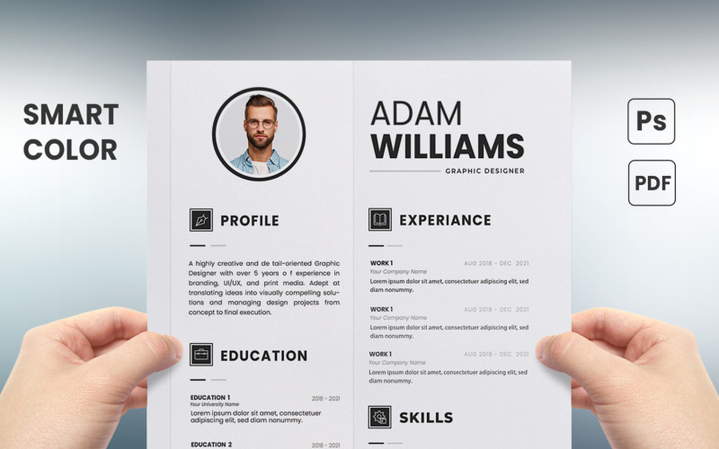 Minimal Clean Creative Resume Template PSD / Editable, Print Ready, Smart Color Controls