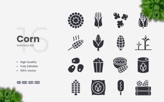 16 Corn Solid Icons Set Collection