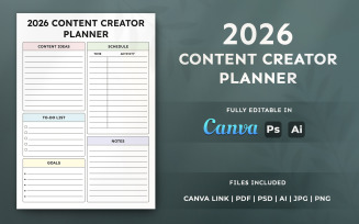 2026 Content Creator Planner – Editable Canva Template, Printable Organizer