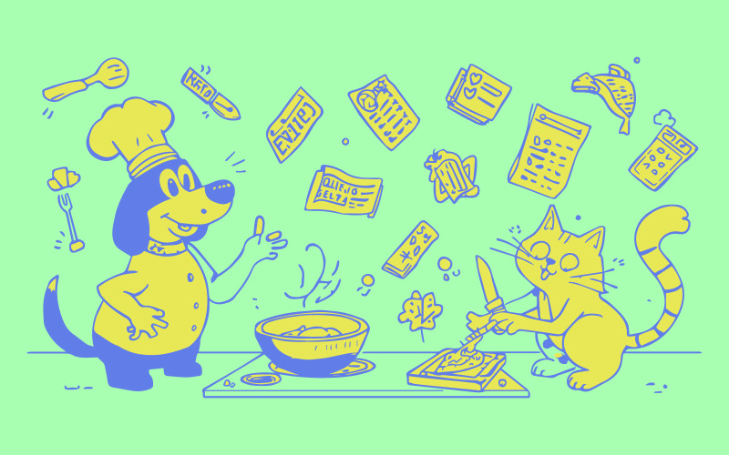 Hand-Drawn Cartoon Animals in Chef Uniforms Cooking Together Playful Kitchen Illustration