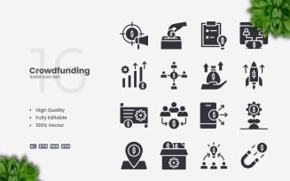 16 Crowdfunding Solid Icons Set Set