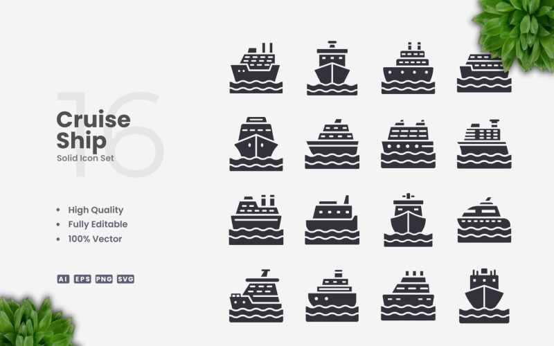 16 Cruise Ship Solid Icons Set Icon Set
