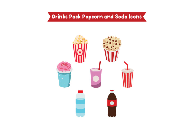 Movie Snacks & Drinks Pack Popcorn and Soda Icons Illustration
