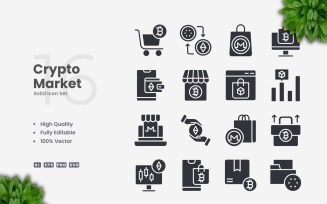 16 Crypto Market Solid Icons Set