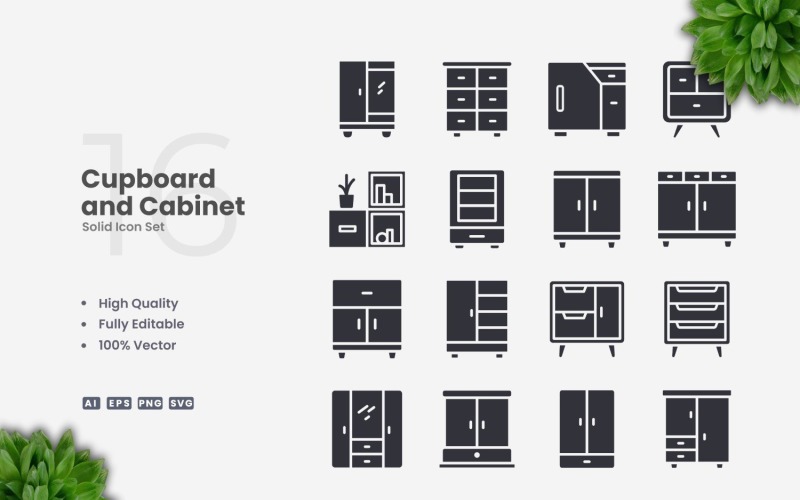 16 Cupboard and Cabinet Solid Icons Set Icon Set