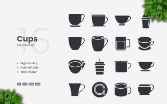 16 Cups Solid Icons Set Collection