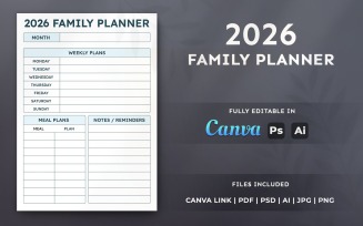 2026 Family Planner Template – Printable Planner, Organizer, Editable Canva Layout