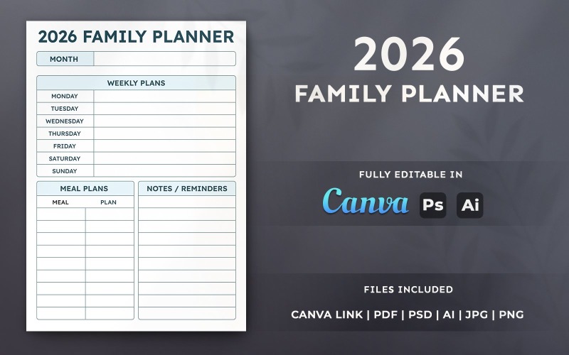 2026 Family Planner Template – Printable Planner, Organizer, Editable Canva Layout