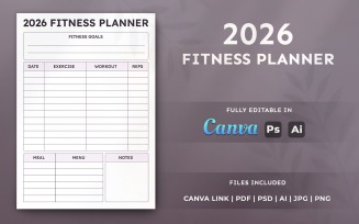 2026 Fitness Planner Template - printable and Editable Canva Layout Design