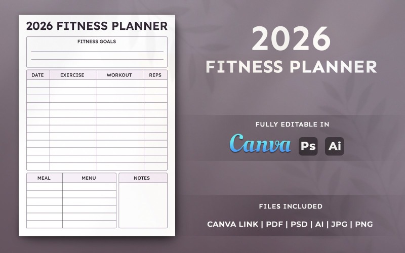 2026 Fitness Planner Template - printable and Editable Canva Layout Design
