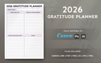 2026 Gratitude Planner Template – Printable Planner, Organizer, Editable in Canva