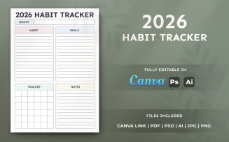 2026 Habit Tracker Template – Printable Planner, Editable Canva Page Template