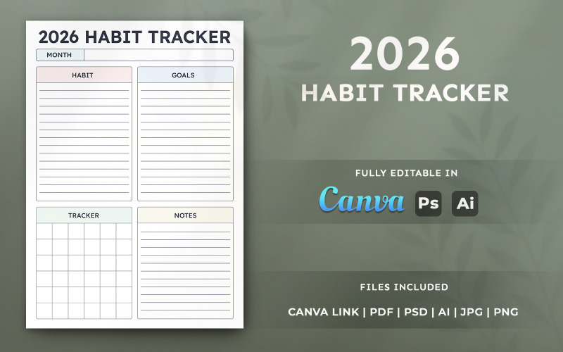2026 Habit Tracker Template – Printable Planner, Editable Canva Page Template
