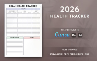2026 Health Tracker Template – Printable Planner, Organizer, Editable Layout in Canva
