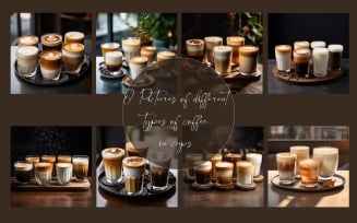 Pictures of different types of coffee in cups