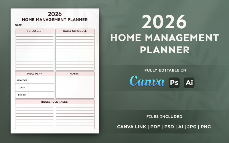 2026 Home Management Planner Template – Printable Organizer, Minimal Editable Canva Template