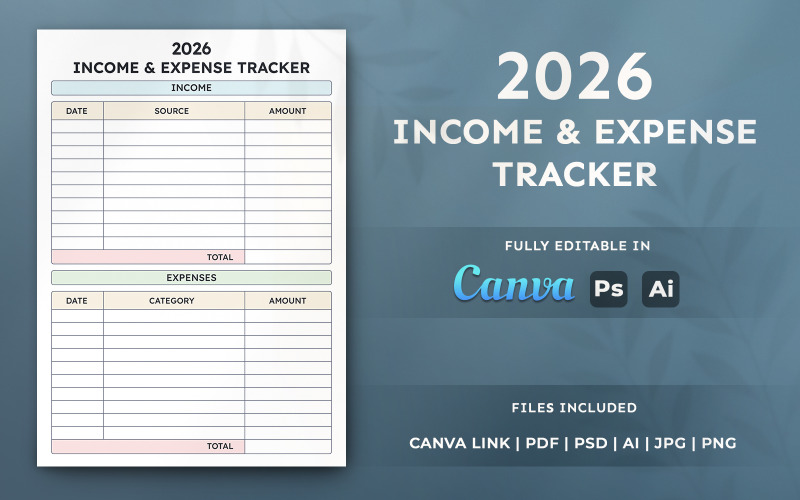 2026 Income and Expense Tracker – Budget Planner Template, Printable Minimal Canva Design