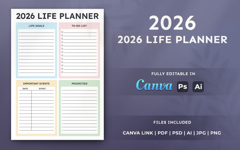 2026 Life Planner Template – Printable Organizer, Editable Minimal Canva Template