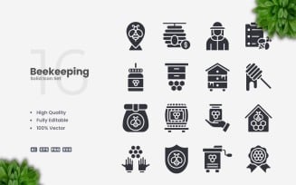 16 Beekeping Solid Icons Set