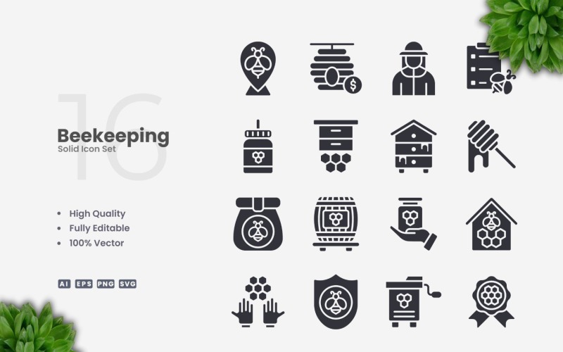 16 Beekeping Solid Icons Set Icon Set