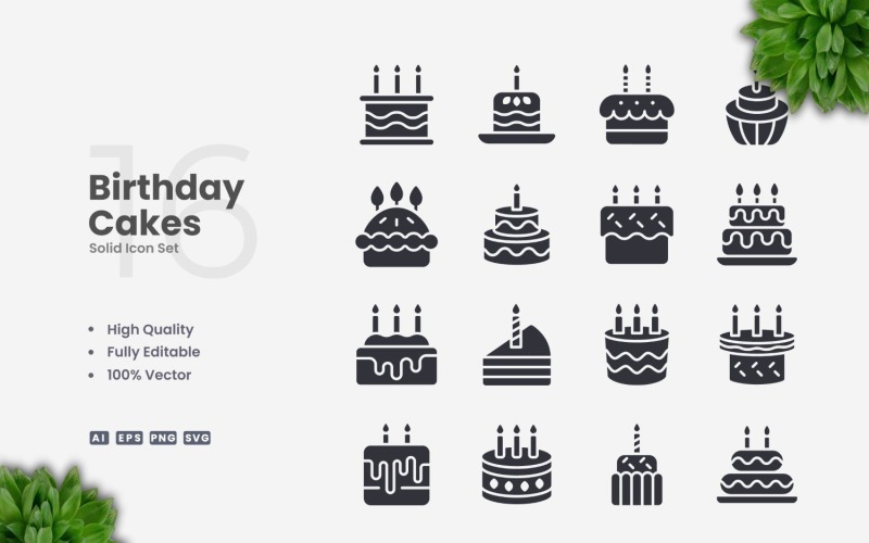 16 Birthday Cakes Solid Icons Set Icon Set