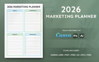 2026 Marketing Planner Template – Printable Organizer for Business, Editable Minimal Layout