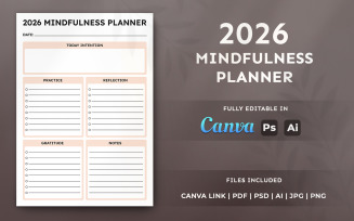 2026 Mindfulness Planner Template – Printable Organizer, Minimal Design Layout