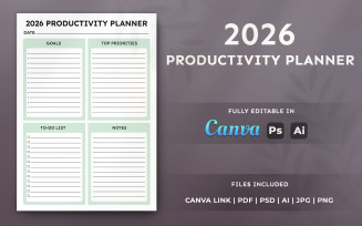 2026 Productivity Planner Template – Business Organizer, Minimal, Printable, Schedule Planner