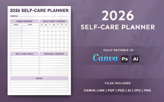 2026 Self-Care Planner Template – Wellness Organizer, Minimal, Printable Monthly Planner
