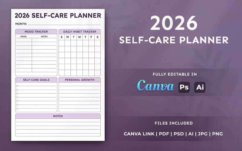 2026 Self-Care Planner Template – Wellness Organizer, Minimal, Printable Monthly Planner