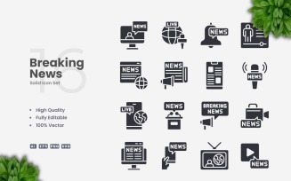 16 Breaking News Solid Icons Set