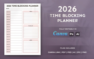 2026 Time Blocking Planner – Productivity Organizer Template, Minimal Editable Layout
