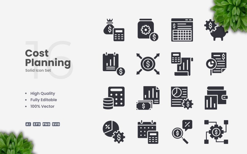 16 Cost Planning Solid Icons Set Icon Set