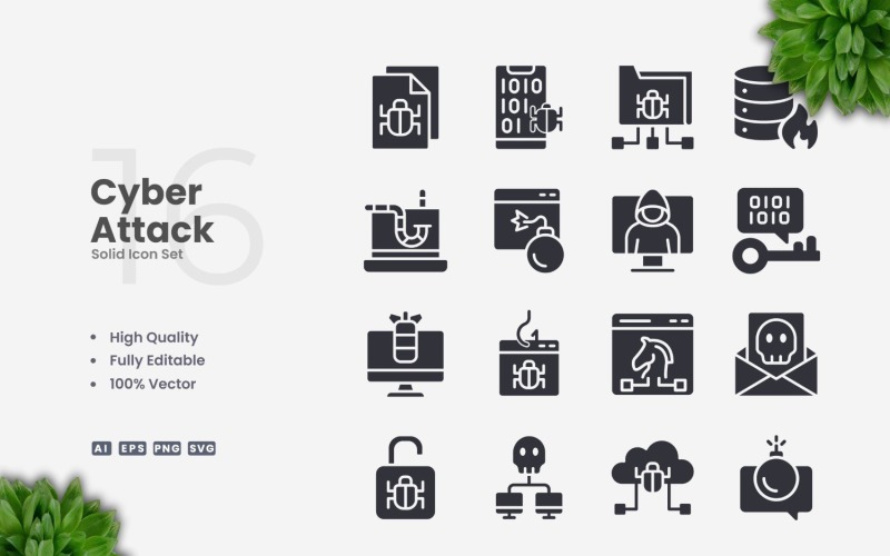 16 Cyber Attack Solid Icons Set Icon Set