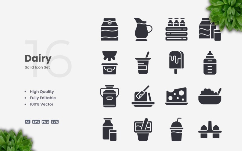 16 Dairy Solid Icons Collection Icon Set