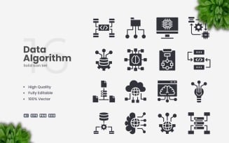 16 Data Algorithm Solid Icons Set