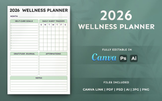 2026 Wellness Planner Template – Printable Organizer, Minimal Design, Canva & KDP Use