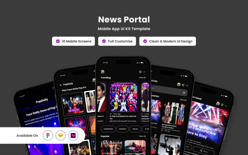 PopDaily - News Portal Mobile App Design Template UI Element