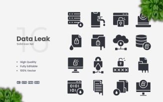 16 Data Leak Solid Icons Set