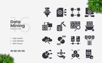 16 Data Mining Solid Icons Set