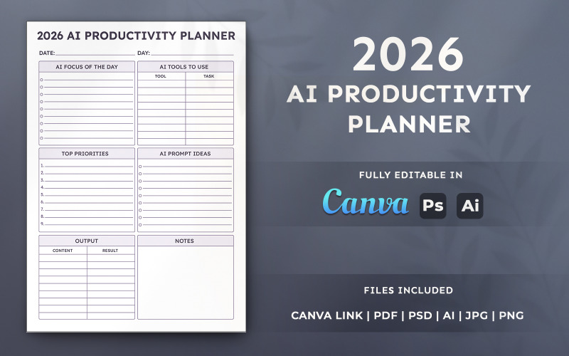 2026 AI Productivity Planner Template – AI Business Organizer, Printable and Minimal Layout Design