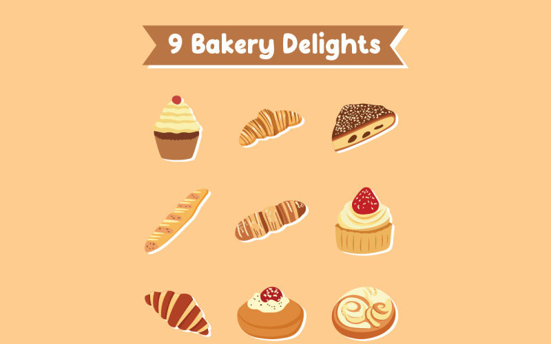 9 Bakery Delights Cupcakes, Croissants & Treats Illustration